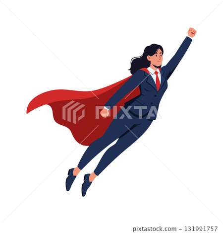Businesswoman superhero flying with red cape in confident powerful pose vector illustration 131991757