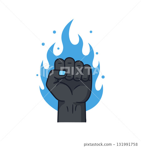 Raised black fist with blue flame background vector illustration symbolizing power and strength Raised black fist with blue flame background vector illustration symbolizing power and strength 131991758