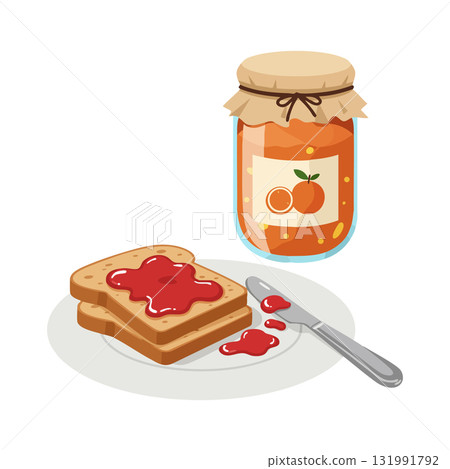 Orange Jam Jar with Toast and Spreading Knife Vector Illustration for Breakfast Snack Recipe 131991792