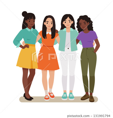 Diverse group of young women standing together in casual colorful outfits in friendship pose Diverse group of young women standing together in casual colorful outfits in friendship pose 131991794