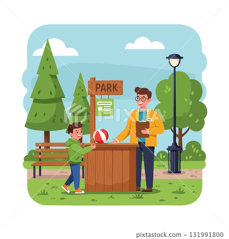Child and Park Worker Interacting at Outdoor Park Booth with Trees and Benches Vector Illustration 131991800