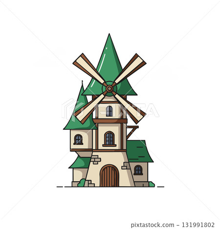 Windmill with green roofs and beige walls vector illustration in landscape orientation Windmill with green roofs and beige walls vector illustration in landscape orientation 131991802