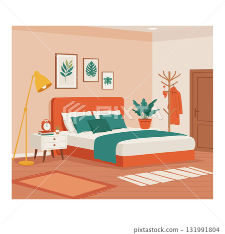 Modern bedroom interior with orange and green accents and cozy decorative elements 131991804
