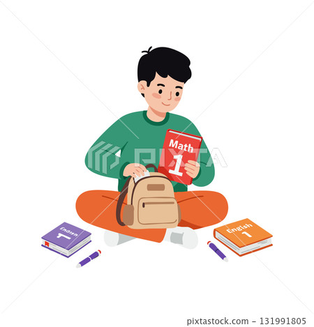 Boy sitting with school books and backpack holding math book for study time vector illustration 131991805