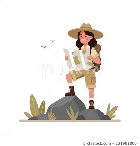 Female hiker exploring nature with map and backpack on rock outdoors adventure Female hiker exploring nature with map and backpack on rock outdoors adventure 131991806