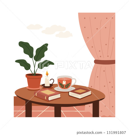 Cozy indoor scene with potted plant candle and books on wooden table near pink curtain vector illustration Cozy indoor scene with potted plant candle and books on wooden table near pink curtain vector illustration 131991807