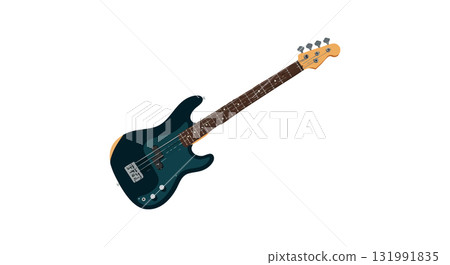 Electric bass guitar dark blue body wooden neck musical instrument vector illustration 131991835