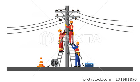 Electrical Workers Repairing Power Lines with Safety Equipment and Ladder Vector Illustration 131991856