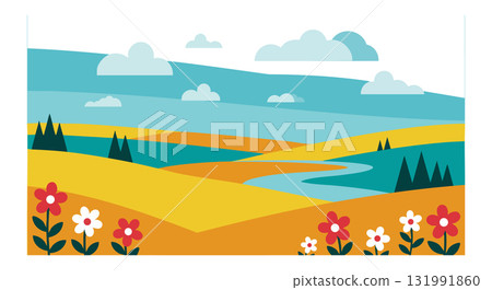 Colorful rolling hills landscape with flowers and river under cloudy sky vector illustration Colorful rolling hills landscape with flowers and river under cloudy sky vector illustration 131991860
