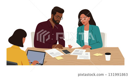 Diverse group collaborating on documents at office table with coffee and laptop vector illustration Diverse group collaborating on documents at office table with coffee and laptop vector illustration 131991863
