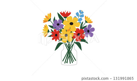 Colorful bouquet of wildflowers in transparent vase with green leaves vector illustration Colorful bouquet of wildflowers in transparent vase with green leaves vector illustration 131991865
