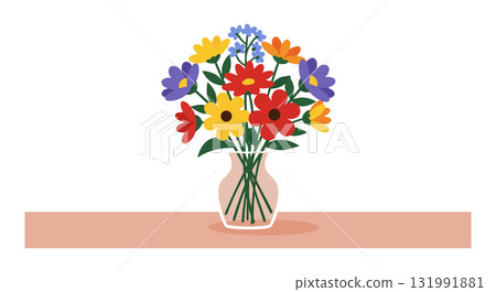 Colorful bouquet of flowers with yellow red orange purple petals in vase on table vector illustration Colorful bouquet of flowers with yellow red orange purple petals in vase on table vector illustration 131991881