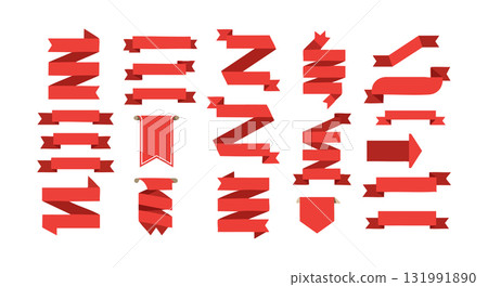 Red Ribbon Banner Set Various Shapes and Styles Decorative Vector Elements 131991890