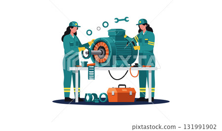Two female mechanics repairing electric motor in workshop vector illustration Two female mechanics repairing electric motor in workshop vector illustration 131991902