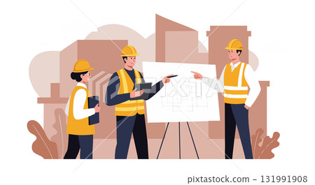 Construction workers collaborating on building blueprint with safety helmets and reflective vests vector illustration 131991908