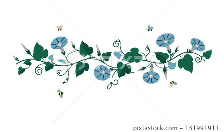 Morning glory vine with butterflies in green and blue vector illustration floral design 131991911