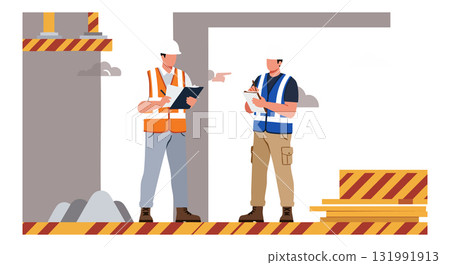 Construction workers discussing site plans with safety barriers and clipboard vector illustration Construction workers discussing site plans with safety barriers and clipboard vector illustration 131991913