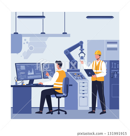 Industrial factory workers controlling robotic arm automation system in manufacturing environment Industrial factory workers controlling robotic arm automation system in manufacturing environment 131991915