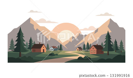 Mountain village landscape with pine trees and wooden houses at sunrise vector illustration 131991916