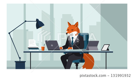 Fox in Business Suit Working on Laptop at Office Desk Modern Workspace Vector 131991932