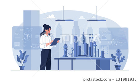 Woman Architect Designing Urban Cityscape with Digital Tablet in Office Vector Illustration 131991933