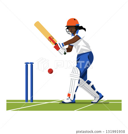 Female cricket player batting with helmet and pads on green pitch vector illustration Female cricket player batting with helmet and pads on green pitch vector illustration 131991938