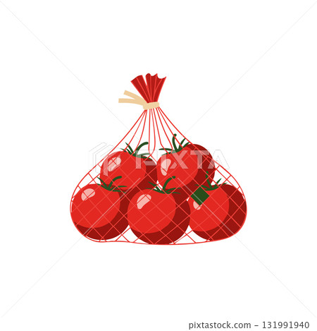 Red ripe tomatoes in mesh bag fresh vegetable healthy food illustration vector Red ripe tomatoes in mesh bag fresh vegetable healthy food illustration vector 131991940