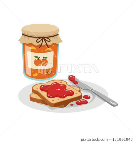 Orange marmalade jar with toast and knife spreading jam vector illustration 131991943