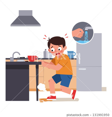 Child slipping on spilled liquid in kitchen causing injury and shock reaction vector illustration Child slipping on spilled liquid in kitchen causing injury and shock reaction vector illustration 131991950