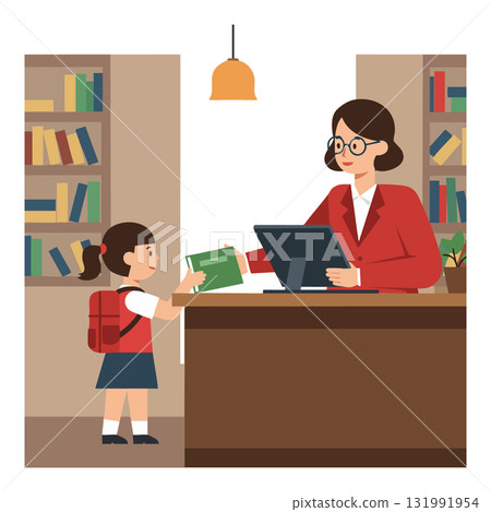 School librarian helping young student with book in library interior vector illustration 131991954