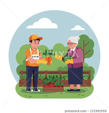 Volunteer handing fresh carrots to elderly woman in community garden outdoor scene 131991959