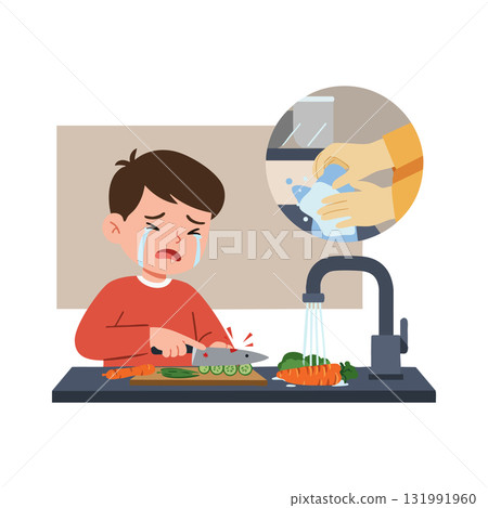 Child crying after cutting finger while preparing vegetables in kitchen vector illustration 131991960