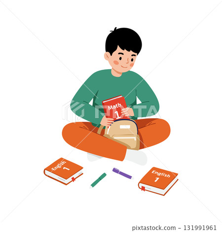 Boy sitting cross-legged organizing school books including math and english subjects vector illustration 131991961
