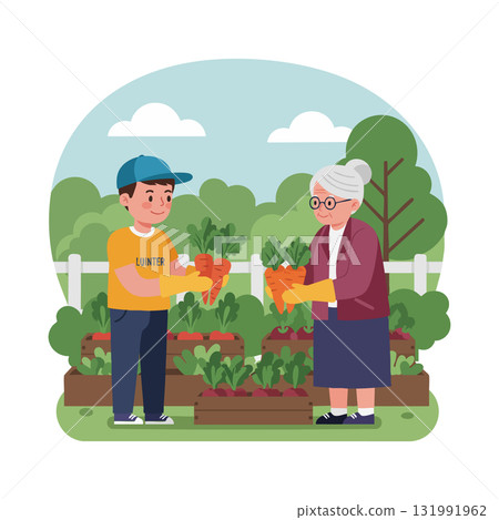 Grandmother and Grandson Harvesting Carrots in Garden Vector Illustration Outdoor Activity 131991962