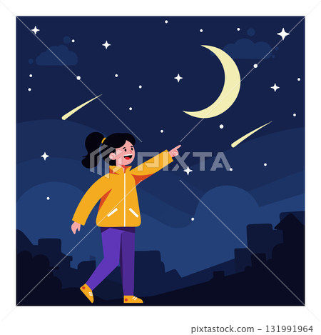 Girl pointing at crescent moon and shooting stars in night sky vector illustration 131991964