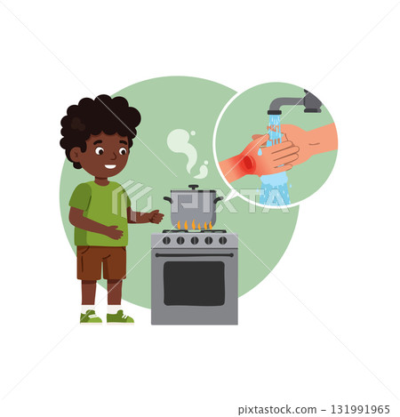 Child Cooking on Stove with Handwashing Hygiene Reminder Vector Illustration 131991965