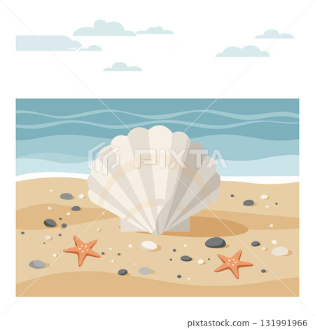 Seashell and starfish on sandy beach ocean waves vector illustration natural scene 131991966