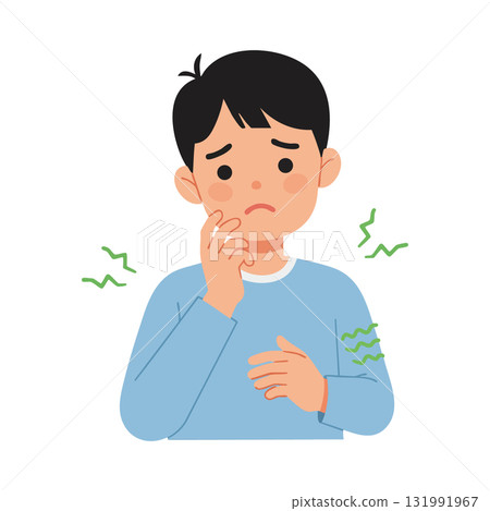 Boy with skin irritation scratching arm in blue shirt vector illustration 131991967