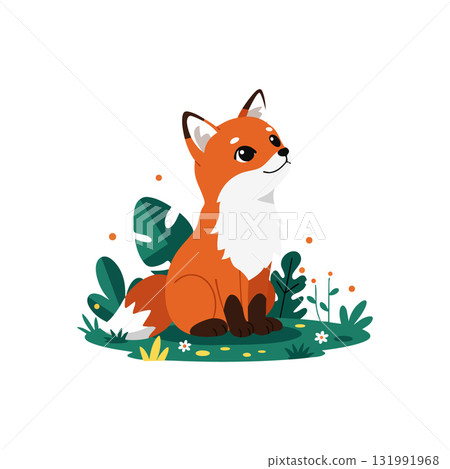 Fox Sitting on Grass with Green Leaves and Flowers Cute Vector Illustration Fox Sitting on Grass with Green Leaves and Flowers Cute Vector Illustration 131991968