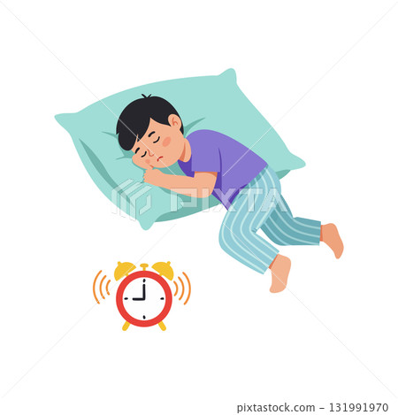 Sleeping boy in purple shirt and striped pajamas with ringing alarm clock vector illustration 131991970