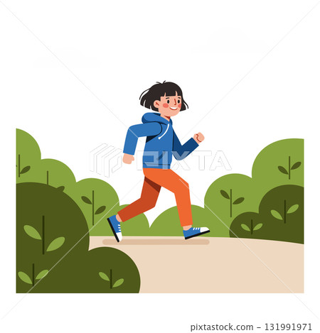 Boy running outdoors on path with green bushes in casual clothes vector illustration 131991971