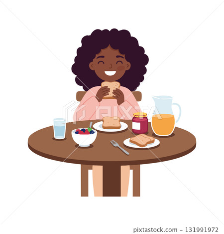 Woman enjoying breakfast with toast juice and fruit at wooden table vector illustration 131991972