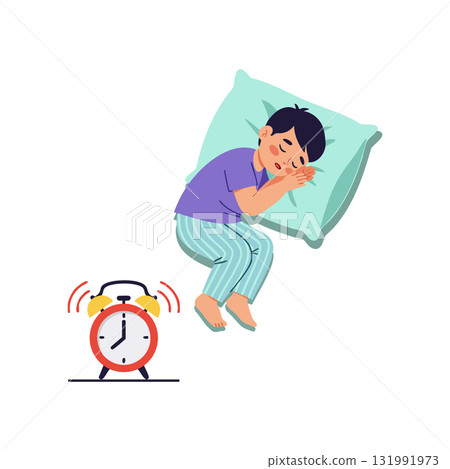 Sleeping boy in purple shirt with striped pants next to ringing alarm clock vector illustration 131991973