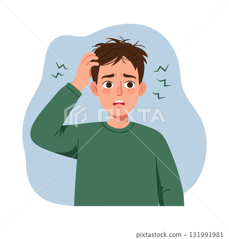 Confused Young Man Scratching Head Illustrative Vector with Green Sweater and Blue Background Confused Young Man Scratching Head Illustrative Vector with Green Sweater and Blue Background 131991981
