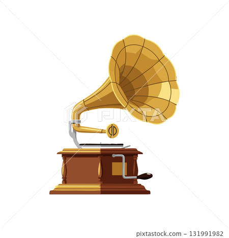 Vintage gramophone music player with wooden base and brass horn vector illustration Vintage gramophone music player with wooden base and brass horn vector illustration 131991982
