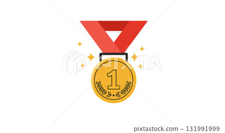 Gold Medal with Red Ribbon and Sparkles Vector Illustration for Award and Achievement Recognition 131991999