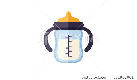 Baby bottle with handles and measurement marks in simple vector style 131992001