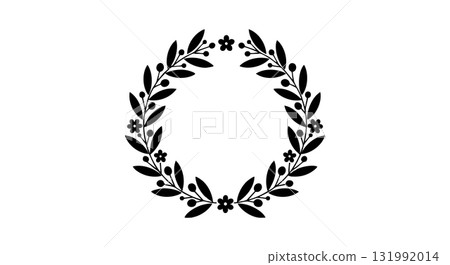 Laurel wreath circular frame with leaves and flowers black silhouette vector illustration 131992014