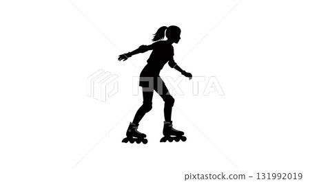 Silhouette of Woman Roller Skating in Motion Vector Illustration Black and White 131992019