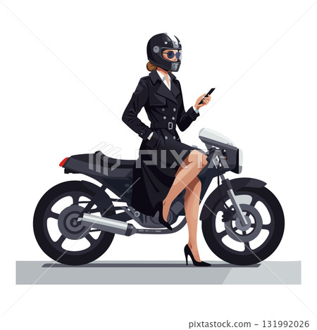 Woman in black dress riding motorcycle using smartphone vector illustration Woman in black dress riding motorcycle using smartphone vector illustration 131992026